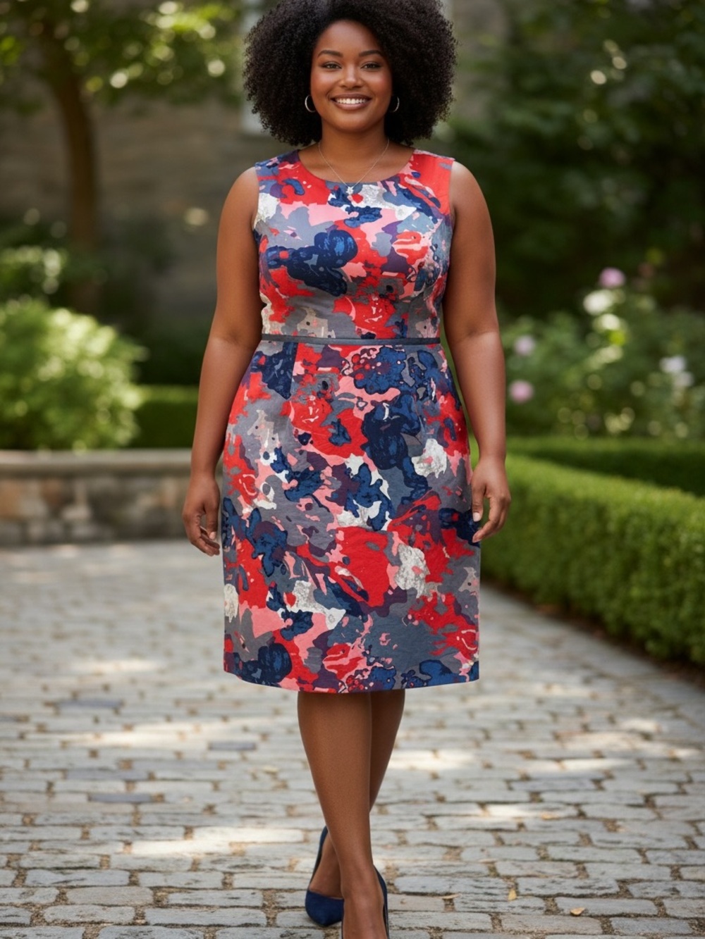 Boden Red, Navy & Gray Abstract Midi Cotton Sheath Dress Size 18 EUC
